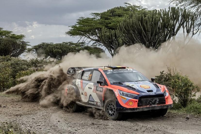 Hyundai Shell Mobis World Rally Team's Belgian driver Thierry Neuville steers his Hyundai i20 N Rally1 Hybrid with Belgian co-driver Martijn Wydaeghe during the World Rally Championship (WRC) Safari Rally Kenya Special Stage 7 (SS7) in Naivasha, on March 29, 2024.  LUIS TATO / AFP