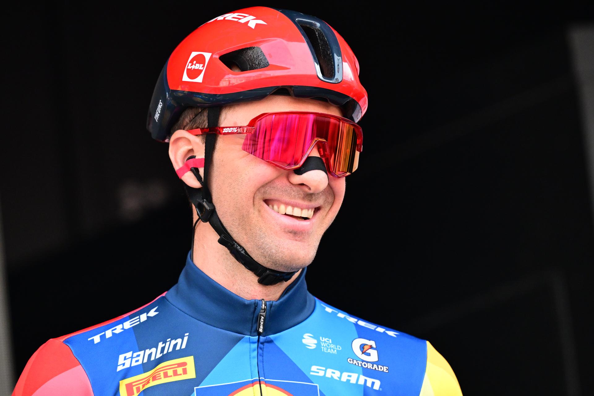 Belgium's Edward Theuns of Lidl-Trek pictured during the team presentation at the start of the 78th edition of the men elite race of the Kuurne-Brussels-Kuurne one day cycling race, 195 km from Kuurne to Kuurne via Brussels, Sunday 01 March 2026.  BELGA PHOTO DIRK WAEM
