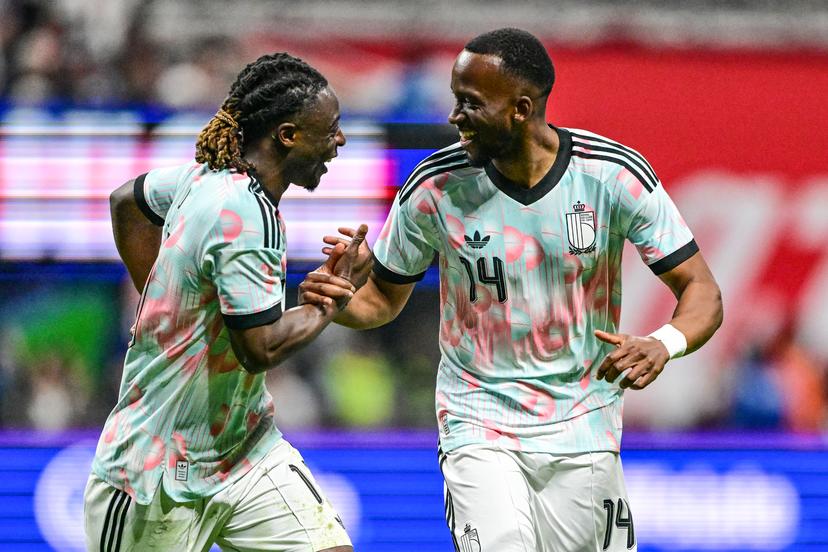 Belgium's Jeremy Doku and Belgium's Dodi Lukebakio celebrate during a friendly soccer game between the United States national team and Belgian national soccer team Red Devils in Atlanta, on Saturday 28 March 2026, in preparation for the 2026 World Cup. BELGA PHOTO DIRK WAEM