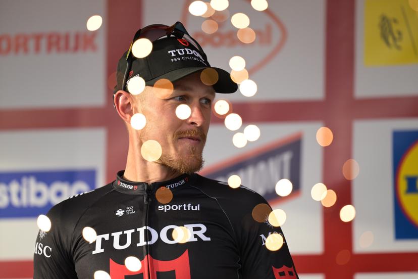 Italy's Matteo Trentin of Tudor Pro Cycling Team celebrates his third place on the podium of the 78th edition of the men elite race of the Kuurne-Brussels-Kuurne one day cycling race, 195 km from Kuurne to Kuurne via Brussels, Sunday 01 March 2026.  BELGA PHOTO DAVID PINTENS