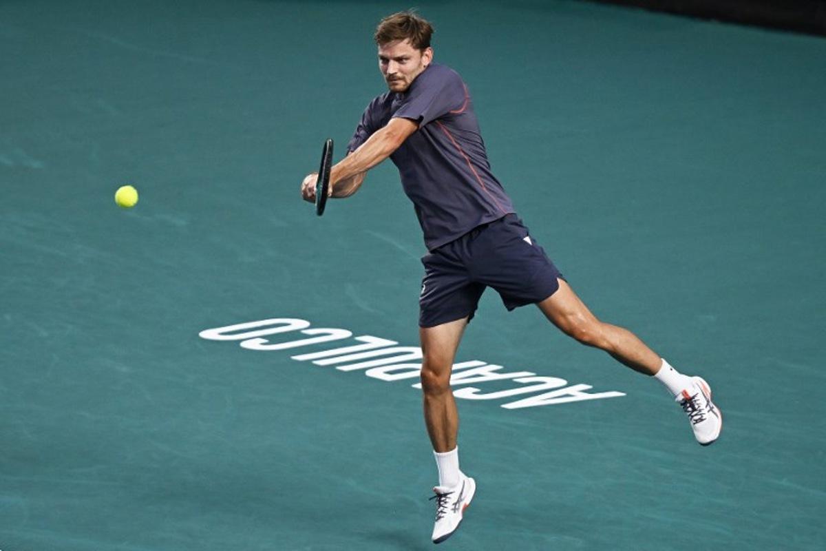 Belgium's David Goffin returns the ball to USA's Brandon Nakashima during their 2025 Mexico ATP Open 500 men´s singles tennis match at the Arena GNP Seguros in Acapulco, Guerrero State, Mexico on February 27, 2025.  CARL DE SOUZA / AFP