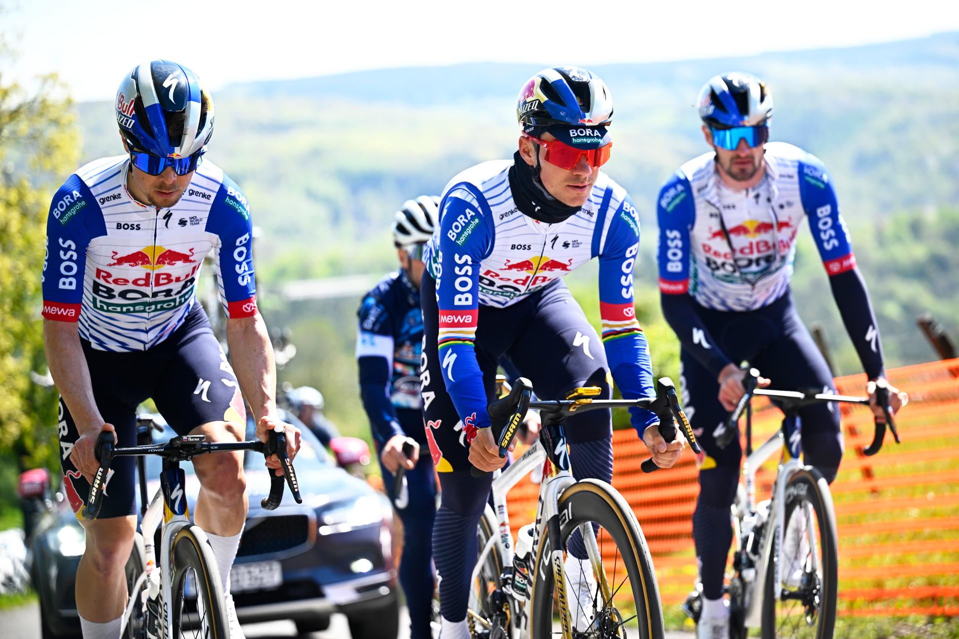 Belgian Remco Evenepoel of Red Bull-BORA-hansgrohe (C) pictured in action during a training and track reconnaissance session, ahead of the Liege-Bastogne-Liege one day cycling race, Friday 24 April 2026. BELGA PHOTO JASPER JACOBS