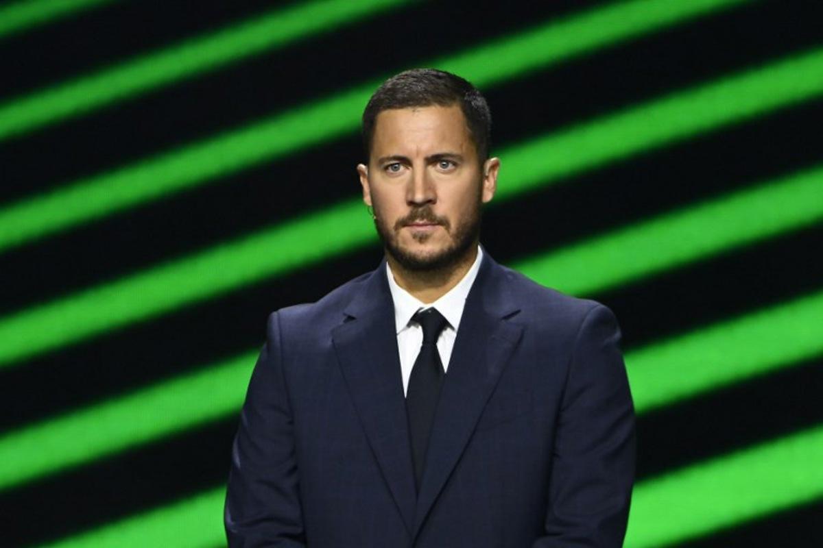 Belgian former football player Eden Hazard attends the draw ceremony for the group stage of the 2025-2026 UEFA Conference League football tournament, at the Grimaldi forum in Monaco on August 29, 2025.  FREDERIC DIDES / AFP