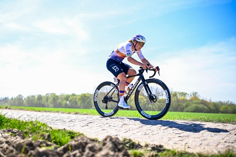 Irish Lara Gillespie of UAE Team ADQ pictured in action during the women's race of the 'Paris-Roubaix' one day cycling race, 148,5 km from Denain to Roubaix, France, on Saturday 12 April 2025. BELGA PHOTO JASPER JACOBS