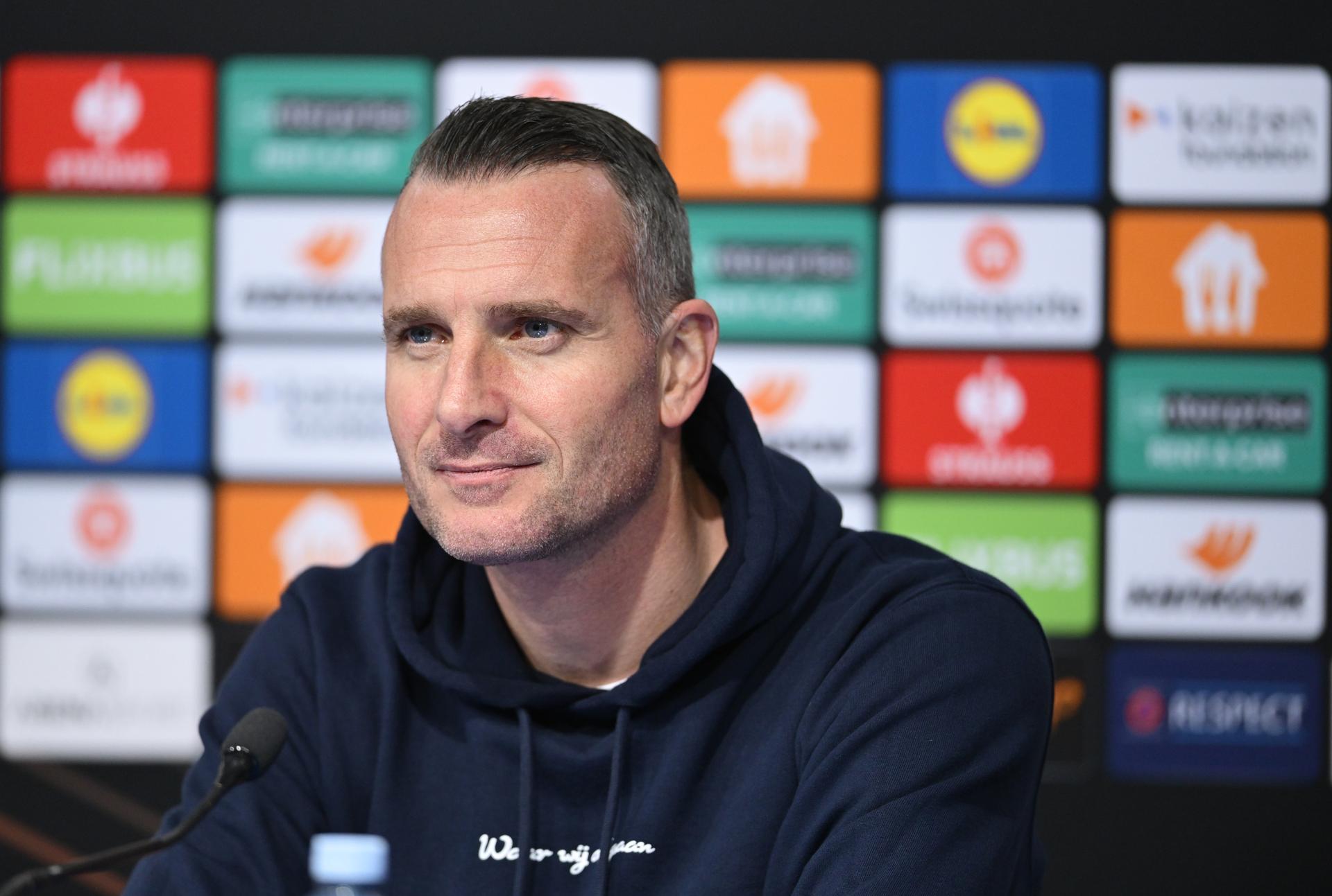 Genk's head coach Nicky Hayen pictured during a press conference of Belgian soccer team KRC Genk, Wednesday 18 February 2026 in Zagreb, Croatia. The team is preparing for tomorrow's match against Croatian GNK Dinamo Zagreb, in the play-off for the knockout phase of the UEFA Europa League tournament. BENELUX ONLY BELGA PHOTO IGOR SOBAN