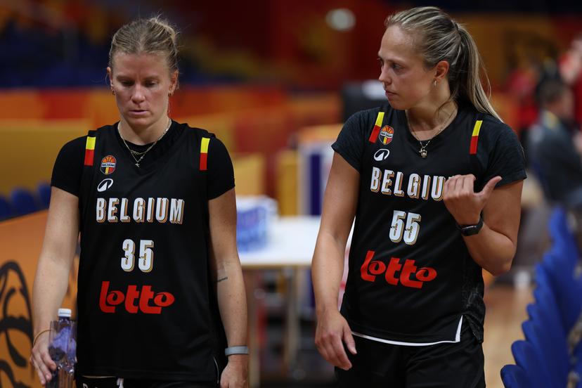 Belgium's Julie Vanloo and Belgium's Julie Allemand pictured after a training session of Belgian Cats in Berlin Arena on Wednesday 2 September 2026. Women's basketball worldcup takes place in Germany from 4 to 23 September 2026. BELGA PHOTO VIRGINIE LEFOUR