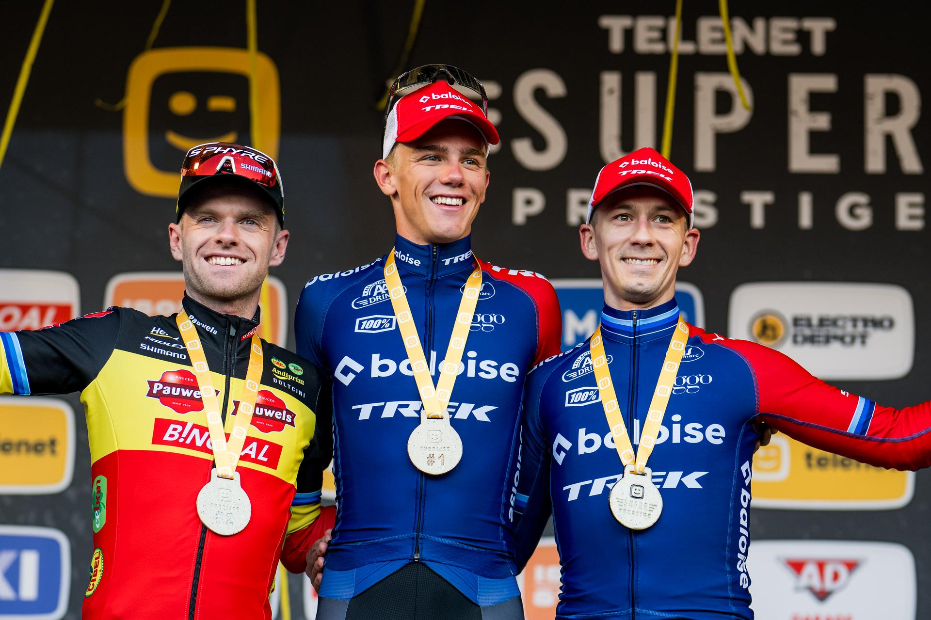 Belgian Eli Iserbyt, Belgian Thibau Nys and Dutch Lars Van Der Haar pictured on the podium after the men's elite race of the Superprestige race of Overijse, stage 2 (out of 9) in the Superprestige cyclocross competition, in Overijse, Sunday 27 October 2024. BELGA PHOTO JASPER JACOBS