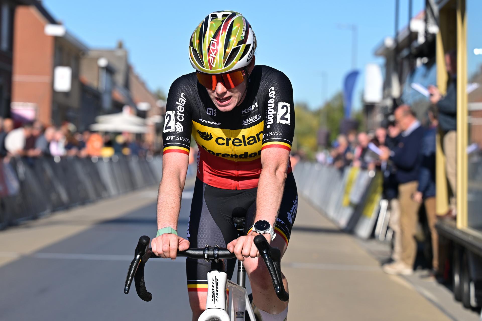 Belgium's Marion Norbert Riberolle crosses the finish line of  the women elite race of the 'Kermiscross' cyclocross cycling event, on Thursday 15 October 2026, in Ardooie. BELGA PHOTO DAVID PINTENS