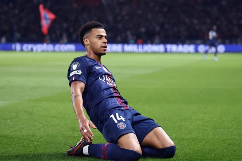 Paris Saint-Germain's French midfielder #14 Desire Doue   celebrates after scoring the opening goal during the UEFA Champions League quarter-final first leg football match between Paris Saint-Germain (PSG) and Liverpool FC at the Parc des Princes stadium in Paris on April 8, 2026.   FRANCK FIFE / AFP