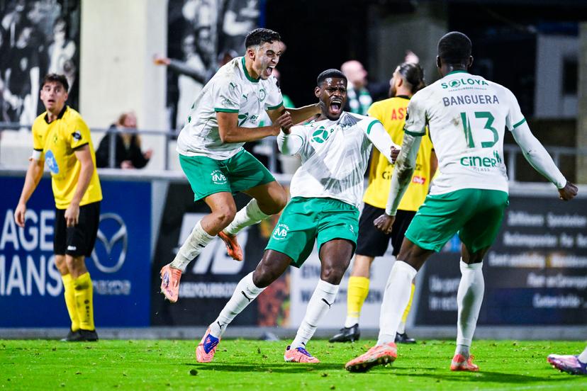 Lommel's Timothy Eyoma celebrates after scoring during a soccer game between Lierse SK and Lommel SK, Friday 31 October 2025 in Lier, on day 12 of the 2025-2026 'Challenger Pro League' 1B second division of the Belgian championship. BELGA PHOTO TOM GOYVAERTS