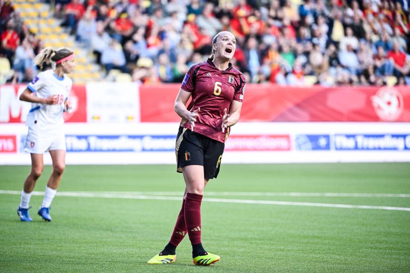 Belgium's Tine De Caigny looks dejected during a soccer game between Belgium's national women's team the Red Flames and Czech Republic, on Tuesday 04 June 2024 in Sint-Truiden, match 4/6 of the qualifications of the 2025 European Championships. BELGA PHOTO TOM GOYVAERTS