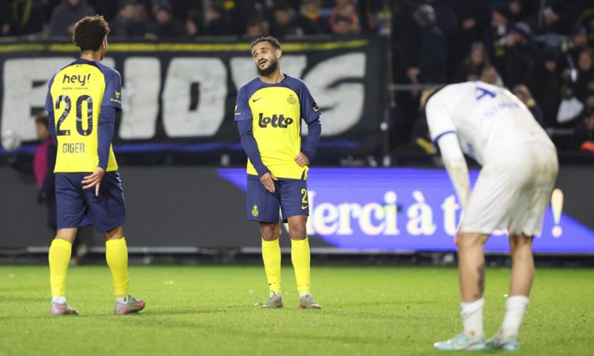 Royale Union Saint-Gilloise's Moroccan forward #23 Sofiane Boufal reacts the end of the Belgian "Pro League" First Division football match between Royale Union Saint-Gilloise and KAA Gent at the Joseph Marien Stadium in Brussels on December 6, 2025.  VIRGINIE LEFOUR / AFP
