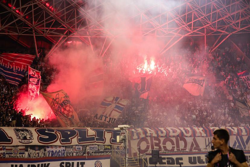 Torcida, Hajduk Split supporters set off pyrotechnic fires during the UEFA Conference League 2026/27 League Phase MD1 match between HNK Hajduk Split and AFC Ajax at Stadion Poljud on October 15, 2026 in Split, Croatia. Photo: Ivo Cagalj/PIXSELL BELGIUM ONLY