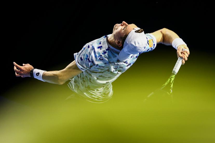 Belgian Alexander Blockx and Belgian Raphael Collignon pictured in action during a tennis match in the round of 16 of the doubles competition at the ATP European Open Tennis tournament in Antwerp, Wednesday 16 October 2024. BELGA PHOTO DAVID PINTENS