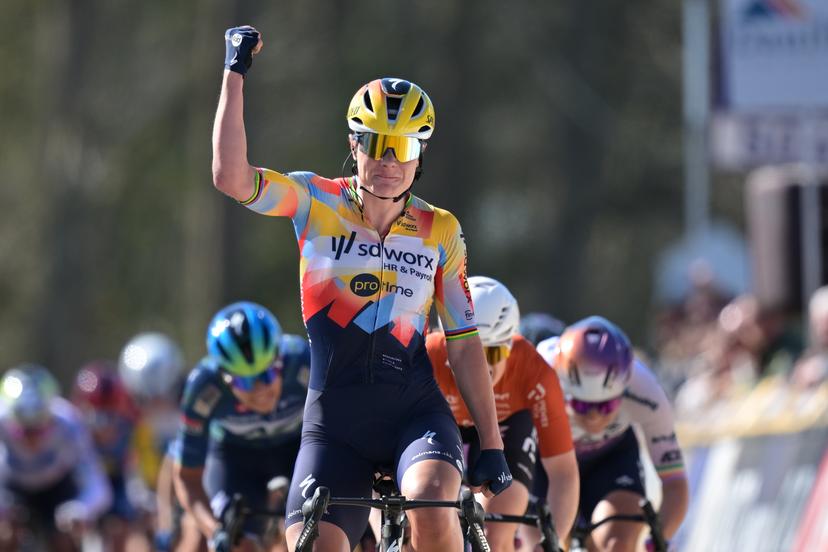 Belgian Lotte Kopecky of SD Worx-Protime celebrates as she crosses the finish line to win the 'Nokere Koerse' one day cycling race for women elite, 133,3km from Deinze to Nokere, Kruisem on Wednesday 18 March 2026. BELGA PHOTO DAVID PINTENS