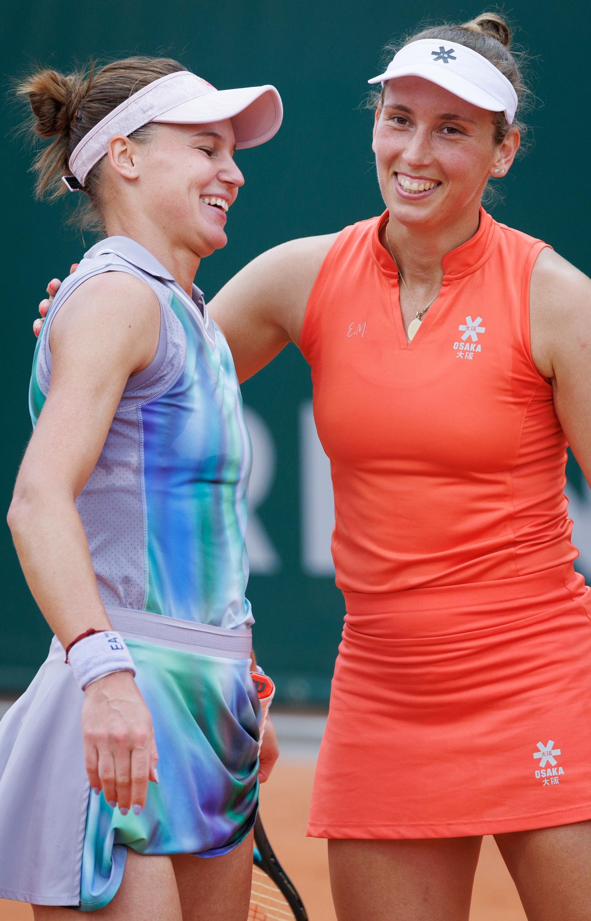 Russian Veronika Kudermetova and Belgian Elise Mertens pictured after a doubles tennis match between Belgian-Russian pair Mertens-Kudermetova and Romanian-Russian pair Cristian-Panova, in the first round of the women's doubles at the Roland Garros Grand Slam tennis tournament, Thursday 29 May 2025 in Paris, France. The 2025 edition of Roland Garros takes place from May 24th to June 8th 2025. BELGA PHOTO BENOIT DOPPAGNE