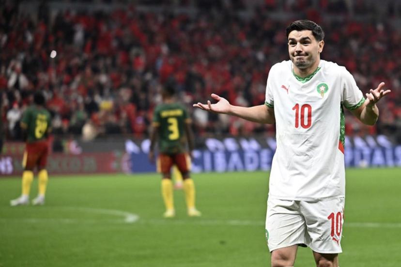 Morocco's forward #10 Brahim Diaz celebrates scoring his team's first goal during the Africa Cup of Nations (CAN) quarter-final football match between Cameroon and Morocco at the Prince Moulay Abdallah stadium in Rabat on January 9, 2026.   Paul ELLIS / AFP