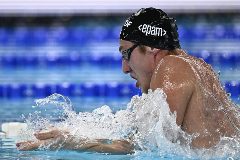 Neutral Athlete B's Ilia Borodin competes in the final of the men's 400m individual medley swimming event during the LEN European Aquatics Championships at the Olympic Aquatic Centre in Saint-Denis, northern suburbs of Paris, on August 10, 2026.  JULIEN DE ROSA / AFP