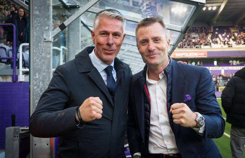 Anderlecht's chairman Michael Verschueren and Anderlecht's CEO Kenneth Bornauw celebrate after winning a soccer match between RSC Anderlecht and Club Brugge, Sunday 09 November 2025 in Anderlecht, on day 14 of the 2025-2026 'Jupiler Pro League' first division of the Belgian championship. BELGA PHOTO VIRGINIE LEFOUR
