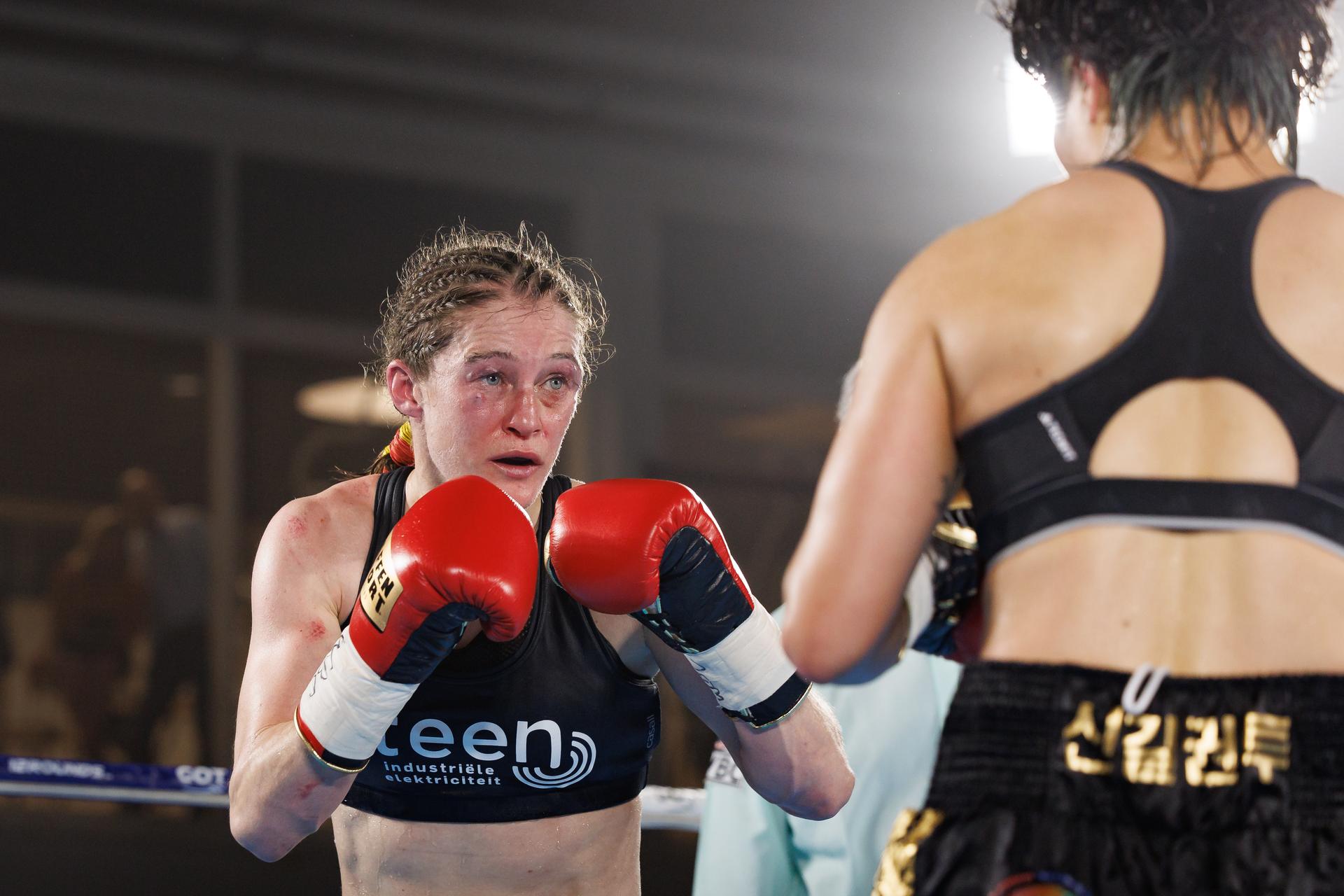 Belgian Delfine Persoon pictured in action during the fight between Belgian Delfine Persoon and Korean Bo Mi Re Shin, for the WBC Silver Super Feather title women title, Sunday 28 May 2023, in Torhout. BELGA PHOTO KURT DESPLENTER