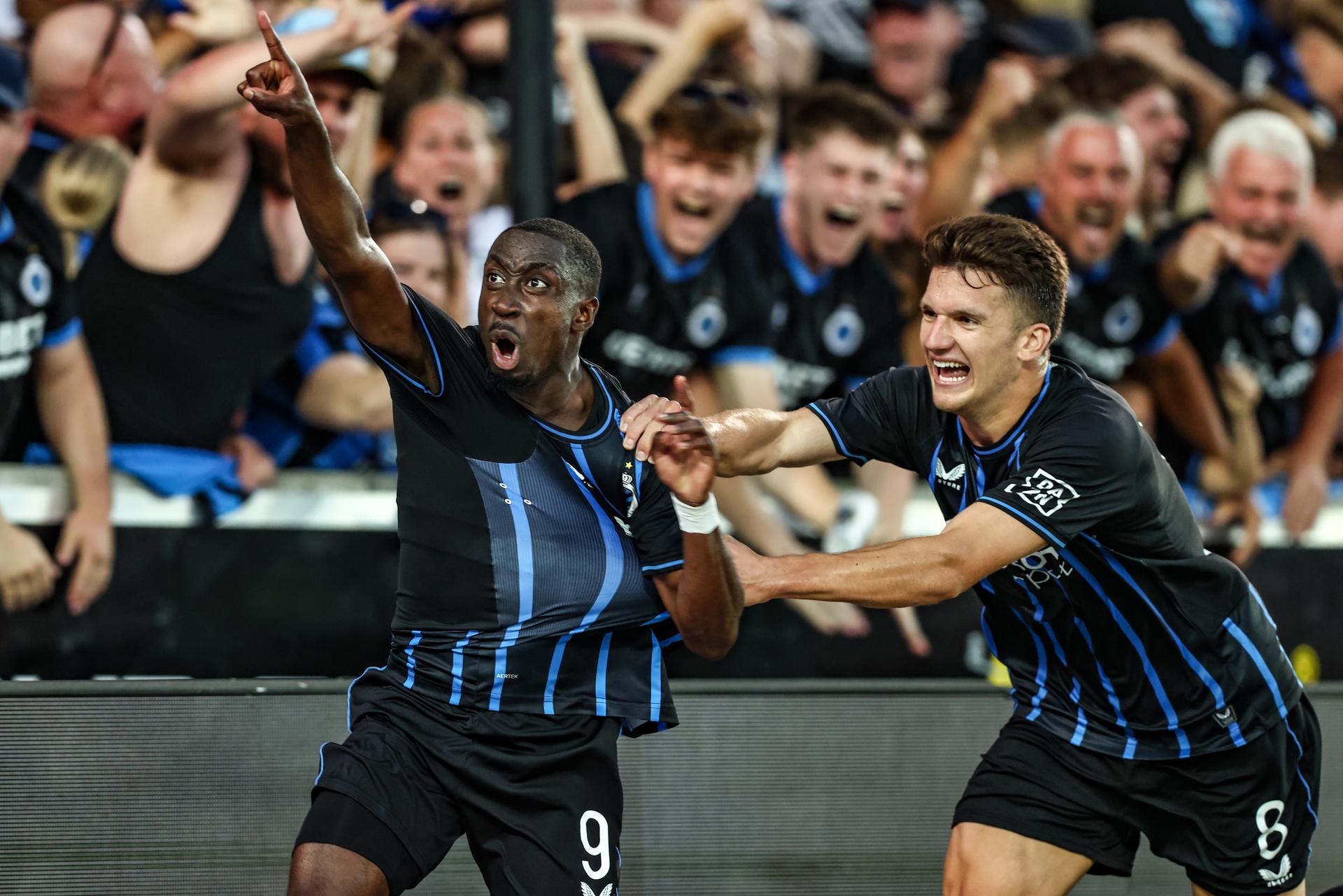 Club's Carlos Forbs celebrates after scoring during a soccer game between Belgian soccer team Club Brugge and Austrian team FC Salzburg, on Tuesday 12 August 2025 in Brugge, the second leg of the third qualifying round for the UEFA Champions League competition. BELGA PHOTO BRUNO FAHY