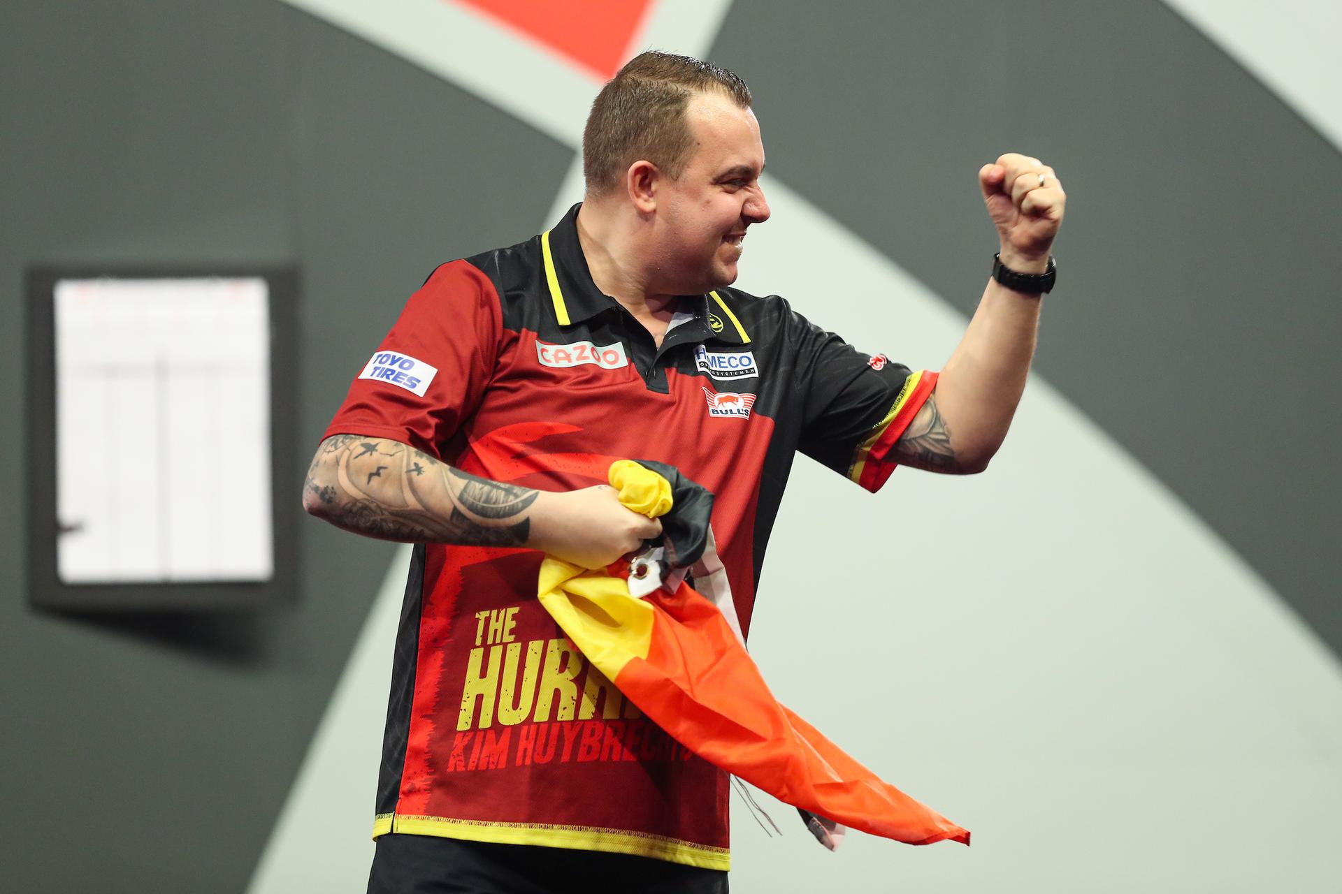 ATTENTION EDITORS - HAND OUT PICTURES - EDITORIAL USE WITH STORY ON DARTS WORLD CHAMPIONSHIPS ONLY - MANDATORY CREDIT KIERAN CLEEVES/PDC  Hand out pictures released by PDC Professional Darts Corporation shows  Belgian Kim Huybrechts celebrating after defeating Scottish Wright on day ten of the 2023 Cazoo World Darts Championship at Alexandra Palace, London, UK, on Tuesday 27 December 2022. MANDATORY CREDIT KIERAN CLEEVES/PDC