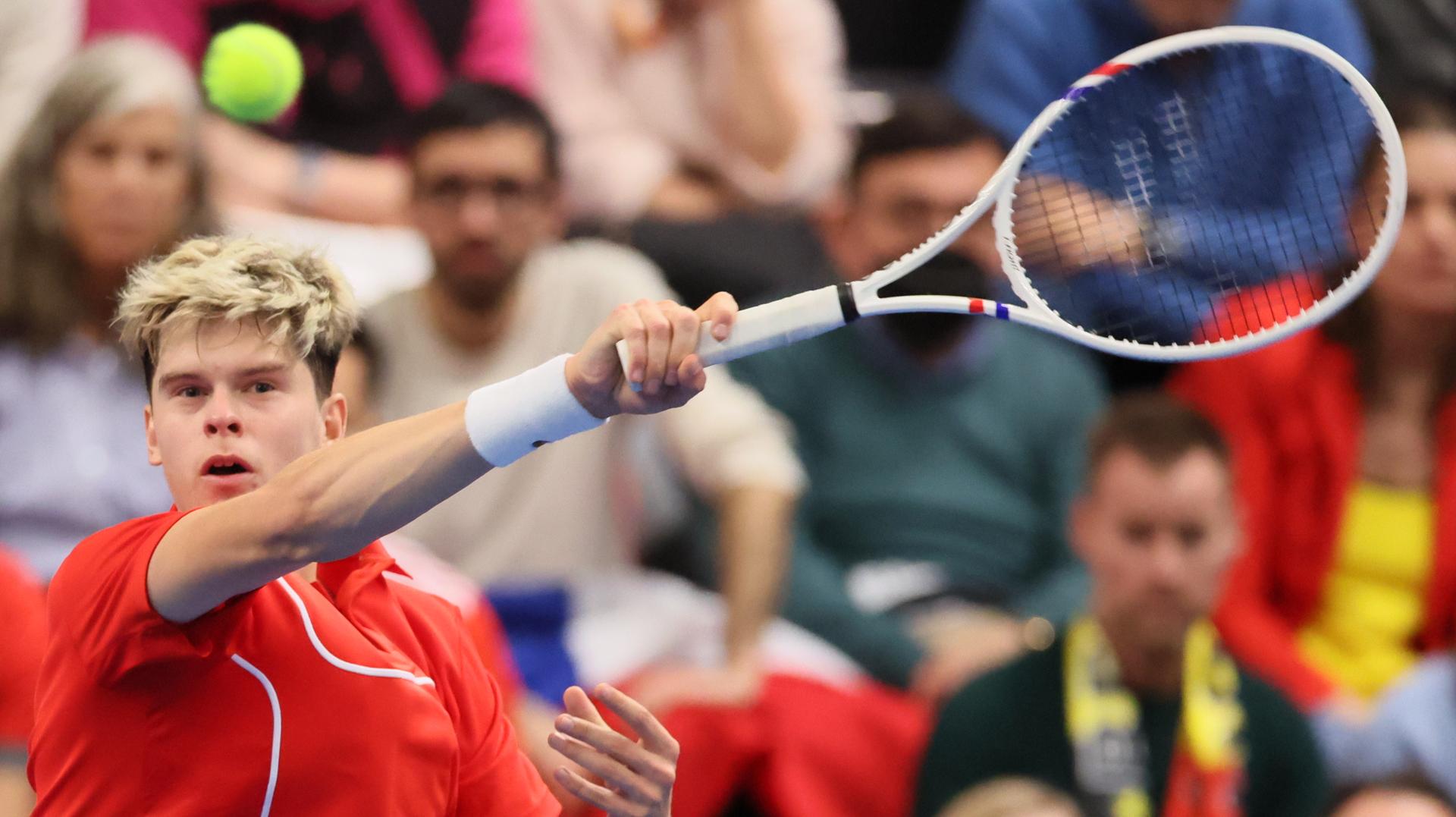 Belgian Alexander Blockx pictured during a game between Belgian Blockx and Chilean Garin, the second match in the Davis Cup qualifiers World Group tennis meeting between Belgium and Chile, Saturday 01 February 2025, in Hasselt. BELGA PHOTO BENOIT DOPPAGNE
