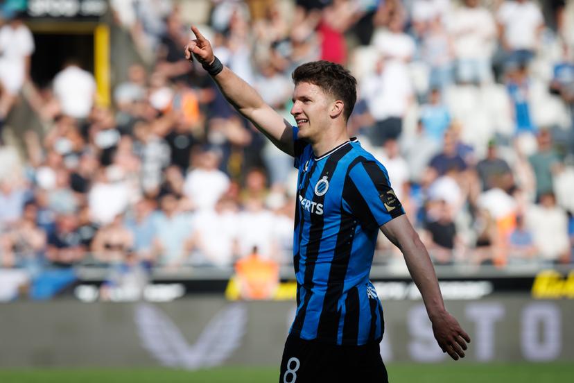 Club's Christos Tzolis celebrates after scoring during a soccer match between Club Brugge and KAA Gent, Thursday 01 May 2025 in Brugge, on day 7 (out of 10) of the Champions' Play-offs of the 2024-2025 'Jupiler Pro League' first division of the Belgian championship. BELGA PHOTO KURT DESPLENTER