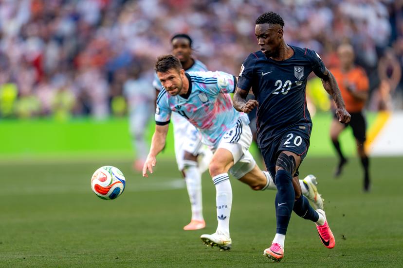 United States of America forward Folarin Balogun #20 dribbles the ball during the FIFA World Cup Round of 16 match between the United States and Belgium in Seattle, Washington, on July 6, 2026. The winner advances to the quarterfinals. (Photo by Sandra Agbotse/Sipa USA) BELGA PHOTO BENELUX ONLY