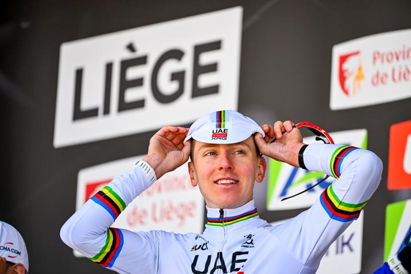 Slovenian Tadej Pogacar of UAE Team Emirates-XRG celebrates on the podium after winning the men elite race of the Liege-Bastogne-Liege UCI World Tour one day cycling race, 259,5km from Liege, over Bastogne to Liege, Sunday 26 April 2026. BELGA PHOTO ERIC LALMAND