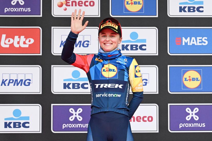 Belgian Fleur Moors pictured on the podium after the women elite 'Wevelgem to Wevelgem - In Flanders Fields' one day cycling race, 134.9 km from and to Wevelgem, on Sunday 29 March 2026. BELGA PHOTO MAARTEN STRAETEMANS