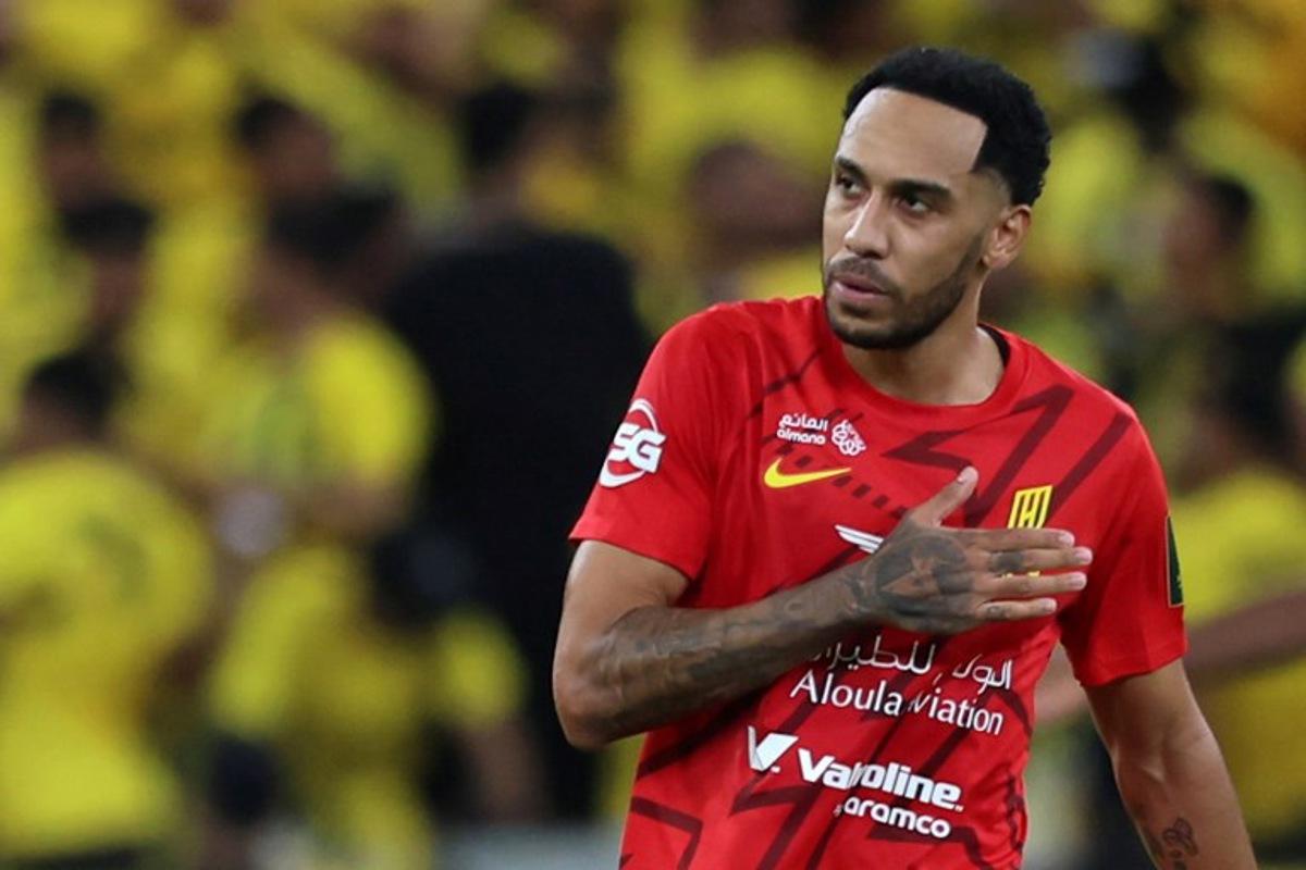 Qadsiah's Gabonese forward #10 Pierre-Emerick Aubameyang reacts after scoring during the King's Cup final match between Ittihad FC and Qadsiah FC at the King Abdullah Sport City Stadium in Jeddah on May 30, 2025.  Abdel Ghani BASHIR / AFP