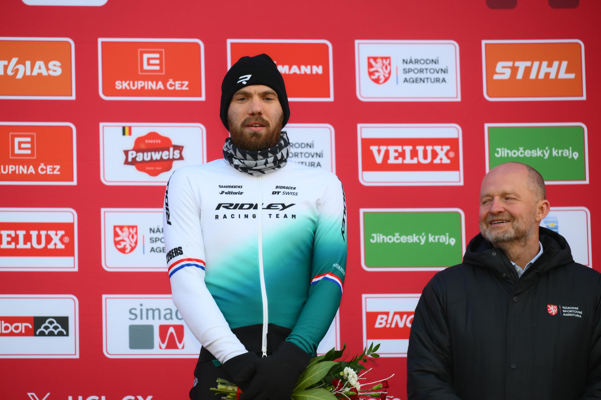 Third Dutch Joris Nieuwenhuis pictured on the podium of the men elite race at the World Cup cyclocross cycling event in Tabor, Czech Republic, stage 1 (out of 12) of the UCI World Cup cyclocross competition, Sunday 23 November 2025. BELGA PHOTO DAVID PINTENS