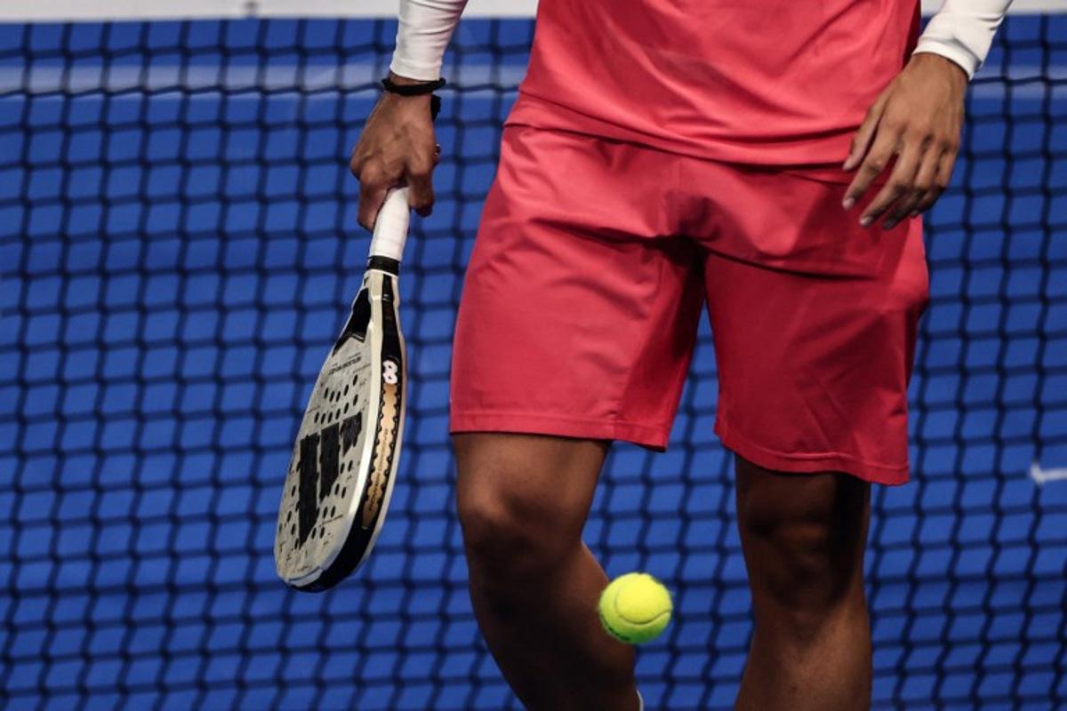 This photo shows a padel racket during the Paris Major Premier Padel tournament on Court Philippe-Chatrier at the Roland-Garros Complex in Paris on September 13, 2025.   Thibaud MORITZ / AFP