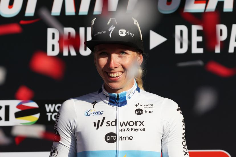 Dutch Lorena Wiebes of SD Worx-Protime celebrates on the podium after winning the 'Classic Brugge-De Panne' women's elite one-day cycling race, 152,7 km from Brugge to De Panne, Thursday 27 March 2025. BELGA PHOTO KURT DESPLENTER