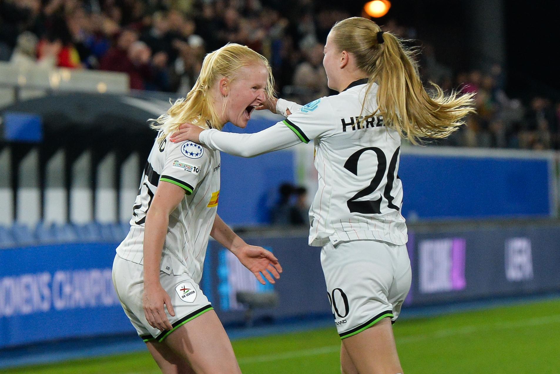 OHL Women's Linde Veefkind celebrates after scoring during a soccer match between Oud-Heverlee Leuven Women and Dutch FC Twente Vrouwen, Wednesday 15 October 2025 in Leuven, the second game in the league phase of the UEFA Women's Champions League competition. BELGA PHOTO JILL DELSAUX