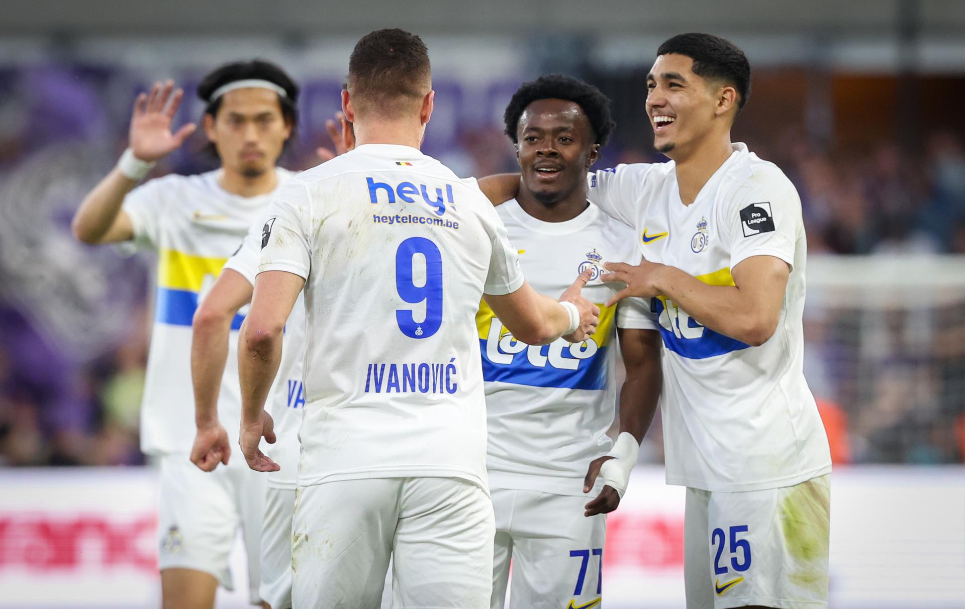 Union's Mohammed Fuseini celebrates after scoring during a soccer match between RSC Anderlecht and Royale Union Saint-Gilloise, Saturday 10 May 2025 in Brussels, on day 8 (out of 10) of the Champions' Play-offs of the 2024-2025 'Jupiler Pro League' first division of the Belgian championship. BELGA PHOTO VIRGINIE LEFOUR