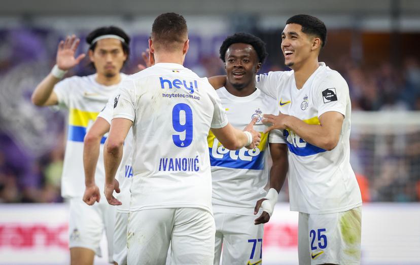 Union's Mohammed Fuseini celebrates after scoring during a soccer match between RSC Anderlecht and Royale Union Saint-Gilloise, Saturday 10 May 2025 in Brussels, on day 8 (out of 10) of the Champions' Play-offs of the 2024-2025 'Jupiler Pro League' first division of the Belgian championship. BELGA PHOTO VIRGINIE LEFOUR