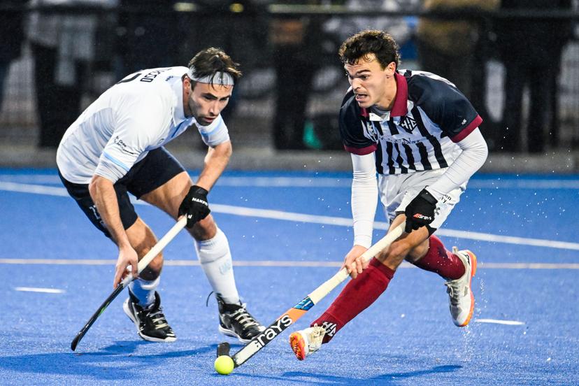 Oree's Luca Masso and Herakles Xavier Gispert pictured in action during a hockey game between Herakles and Oree, Sunday 16 November 2025 in Lier, on day 12 of the Belgian first division hockey championship. BELGA PHOTO TOM GOYVAERTS