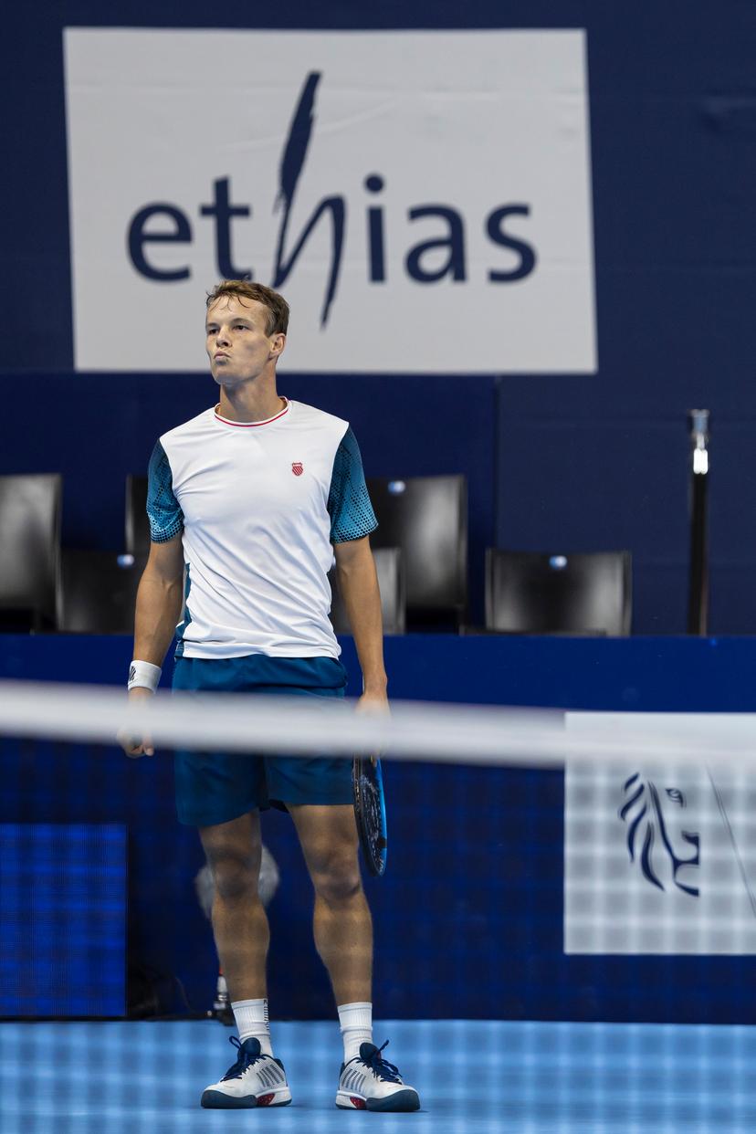 Belgian Michael Geerts pictured during the qualifying phase of the European Open Tennis ATP tournament, in Antwerp, Sunday 13 October 2024. BELGA PHOTO DAVID PINTENS