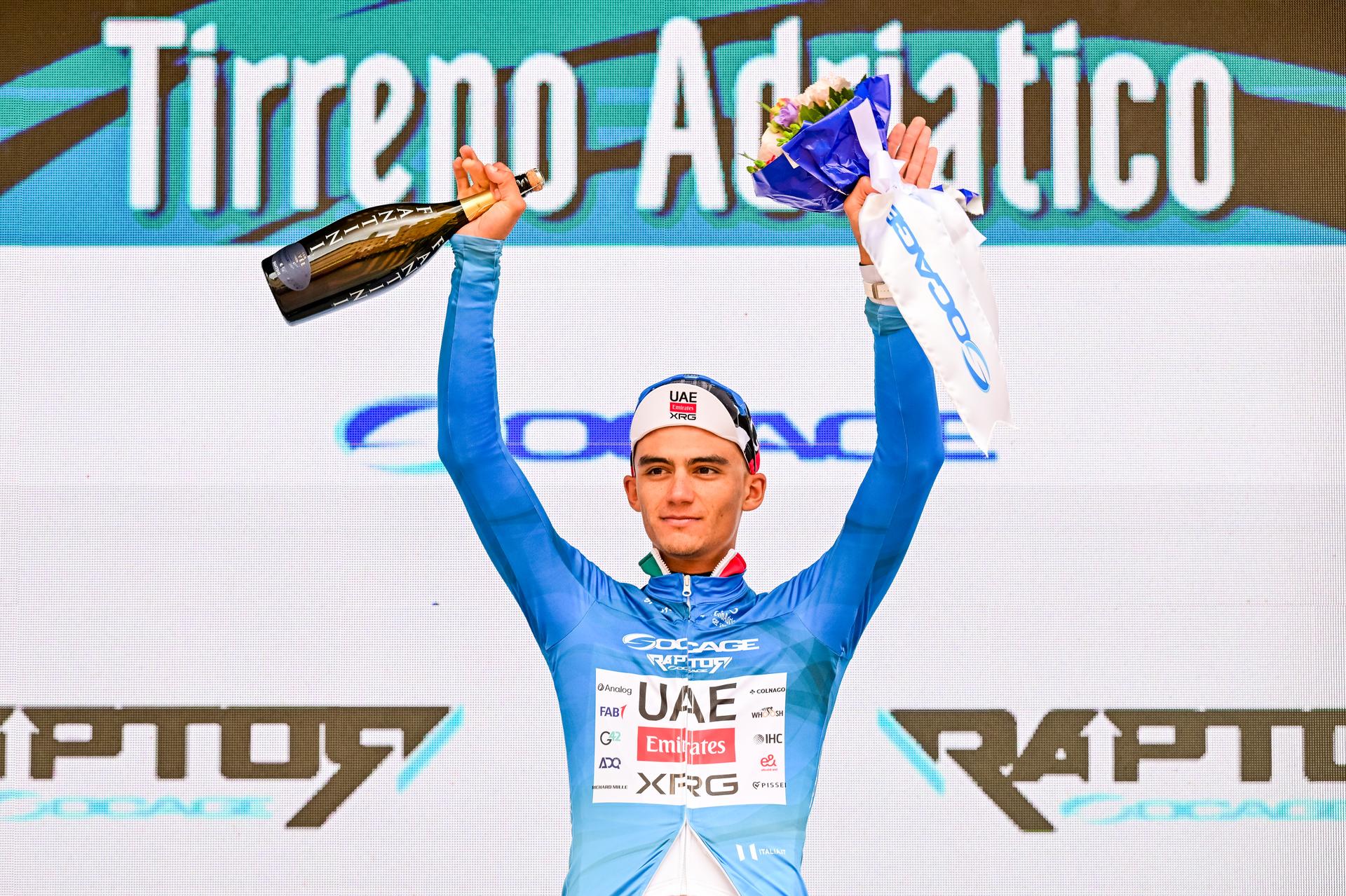 Mexican Isaac Del Toro of UAE Team Emirates-XRG pictured on the podium after the second stage of the Tirreno-Adriatico cycling race, from Camaiore to San Gimignano (206 km), Italy, Tuesday 10 March 2026. BELGA PHOTO DIRK WAEM
