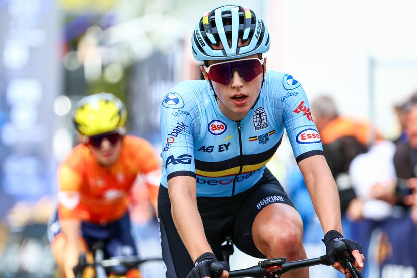 Belgium Emma Siegers crosses the finish line of the 85,7 km Women U23 Road Race at the UEC road European cycling championships, France on Friday 03 October 2025. The European cycling championships Drome-Ardeche takes place from 1 to 5 October, France. BELGA PHOTO DAVID PINTENS