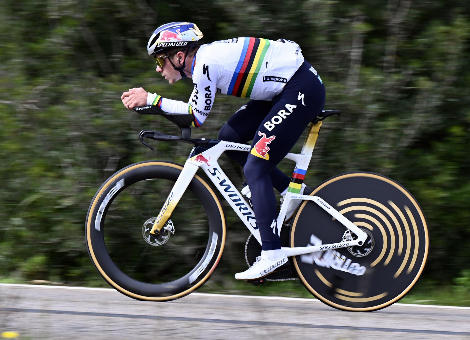 Belgian Remco Evenepoel pictured during a warm-up ride, before the Team Time Trial of the Trofeo Ses Salines Challenge Mallorca cycling race, 23,8km in Colonia de Sant Jordi, Mallorca, Spain on Thursday 29 January 2026. Belgian Evenepoel is participating in the first race in the colors of his new team Red Bull-Bora-Hansgrohe. BELGA PHOTO ERIC LALMAND