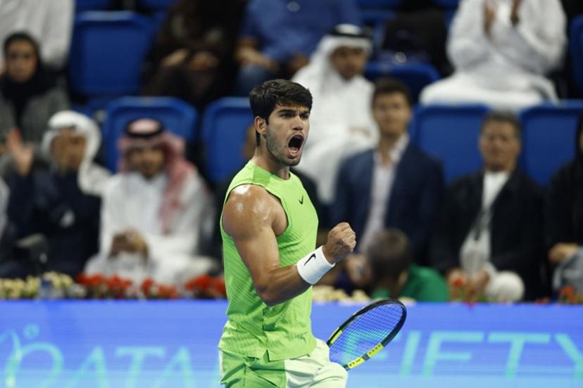 Spain's Carlos Alcaraz reacts during their men's singles semi-final match against Russia's Andrey Rublev at the Qatar Open tennis tournament in Doha on February 20, 2026.  Karim JAAFAR / AFP
