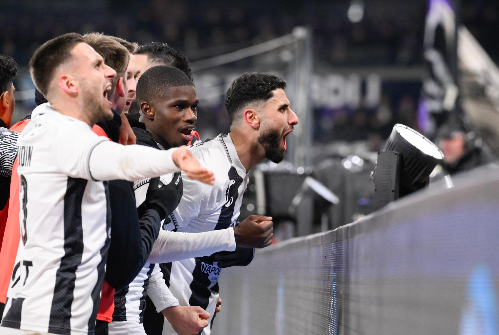 Charleroi's Aiham Ousou celebrates after scoring during a soccer match between RSC Anderlecht and Sporting Charleroi, Friday 26 December 2025 in Brussels, on day 20 of the 2025-2026 'Jupiler Pro League' first division of the Belgian championship. BELGA PHOTO JOHN THYS