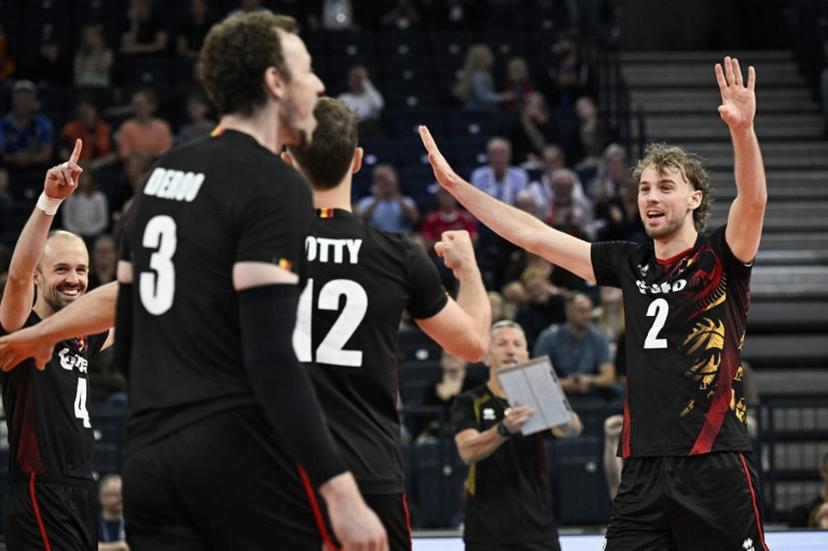 Team Belgium celebrates during the men's volleyball European Championships Pool C match Netherlands vs Belgium in Tampere, Finland, on September 11, 2026.   Emmi Korhonen / Lehtikuva / AFP