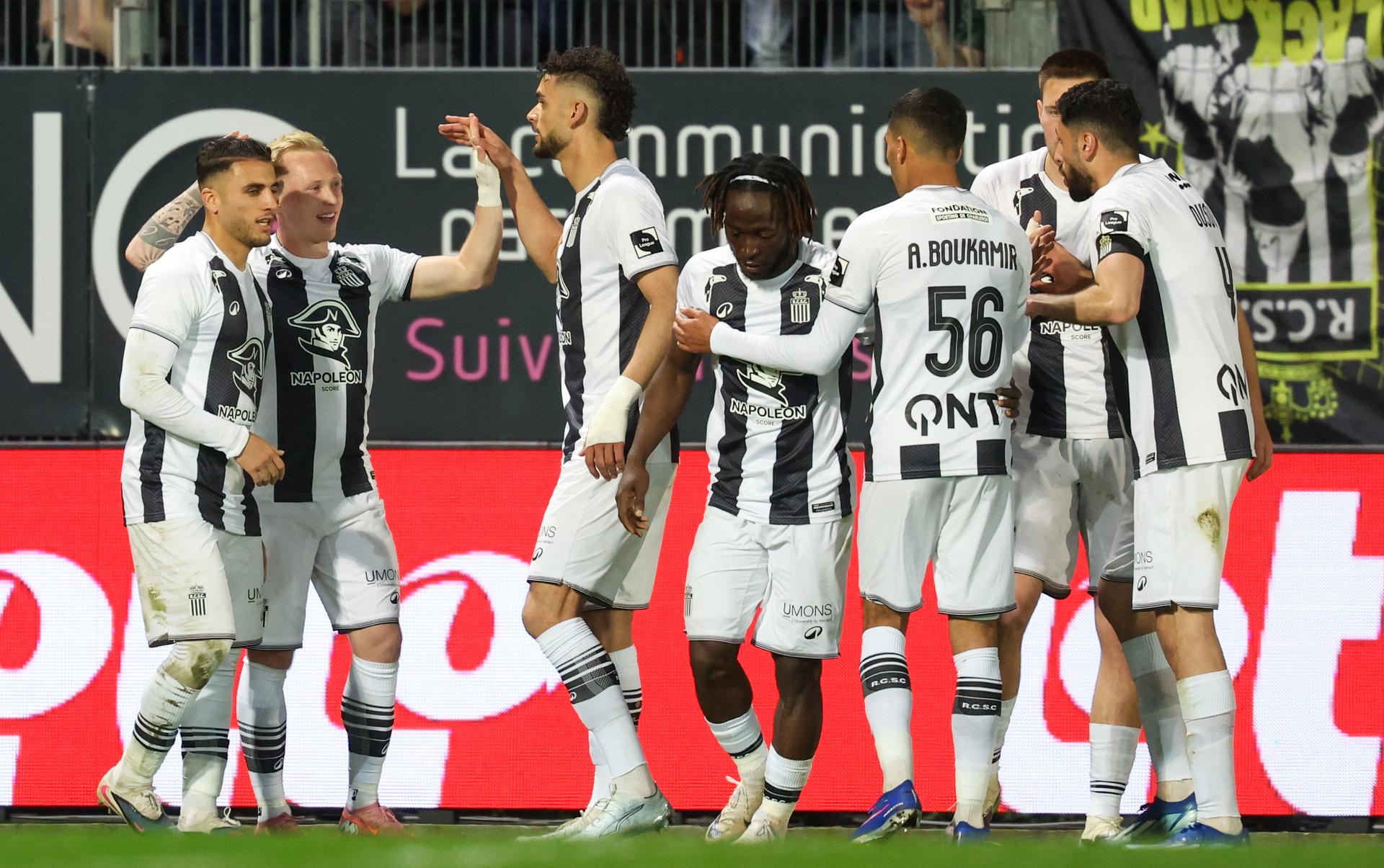 Charleroi's Patrick Pflucke celebrates after scoring during a soccer match between Sporting Charleroi and Royal Antwerp FC, Friday 10 April 2026 in Charleroi, on the second day of the Europe Play-offs (PO2) of the 2025-2026 'Jupiler Pro League' first division of the Belgian championship. BELGA PHOTO VIRGINIE LEFOUR