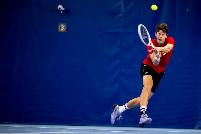 Belgian Alexander Blockx pictured in action during an open training session of the Belgian Davis Cup team ahead of the Davis Cup Finals (November 18-23), in Wilrijk, on Wednesday 12 November 2025. BELGA PHOTO DIRK WAEM