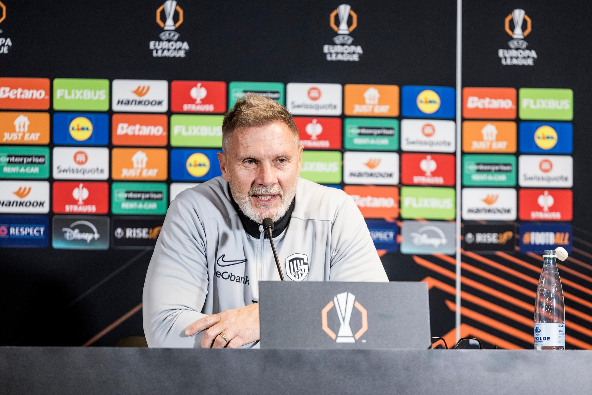 Genk's head coach Thorsten Fink pictured during a press conference of Belgian soccer team KRC Genk, on Wednesday 10 December 2025, in Herning, Denmark. The team prepares for tomorrow's match against Danish FC Midtjylland, game six (out of 8) in the league phase of the UEFA Europa League competition. BELGA PHOTO LASSE LAGONI
