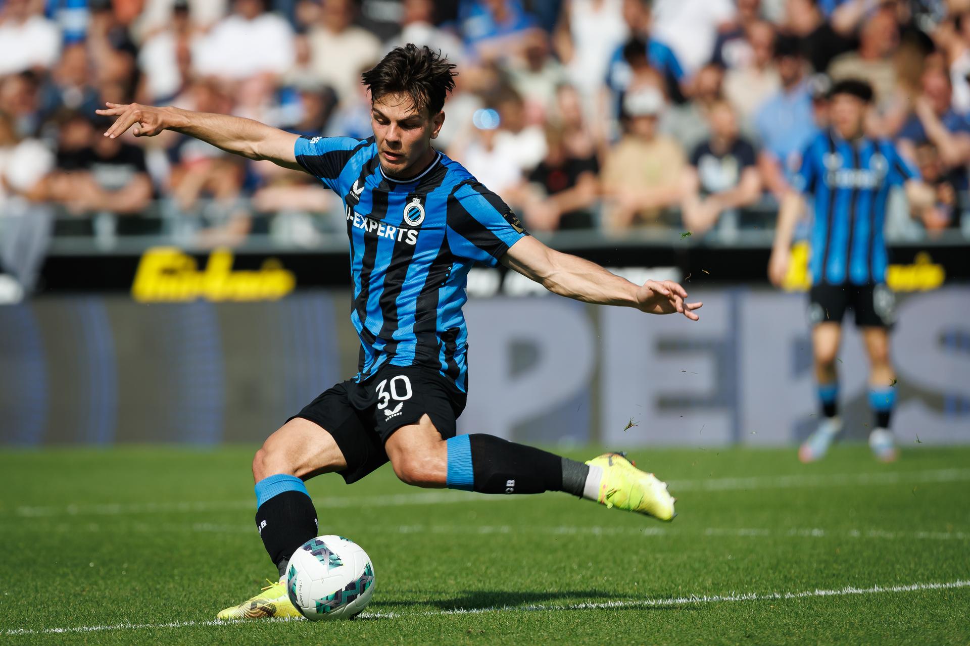 Club's Ardon Jashari pictured in action during a soccer match between Club Brugge and KAA Gent, Thursday 01 May 2025 in Brugge, on day 7 (out of 10) of the Champions' Play-offs of the 2024-2025 'Jupiler Pro League' first division of the Belgian championship. BELGA PHOTO KURT DESPLENTER
